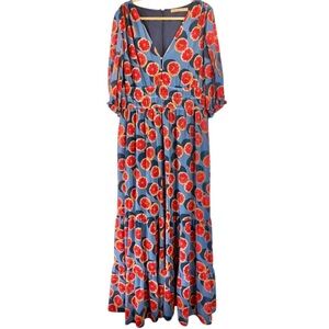 Hutch Anthropologie Blue Orange Yellow Citrus Ruffle Hem Maxi Dress NWOT